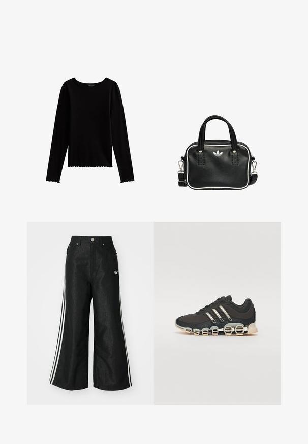 Zwarte lange mouwen top van rekbaar materiaal met een ronde hals en een scalloped zoom. Beschikt over aansluitende mouwen en een cropped silhouet.; Zwarte denim broek met wijde pijpen, voorzien van drie witte strepen aan elke zijkant en een klein wit logo. Heeft voorzakken en een knoopsluiting.; Zwarte sportschoen met een gestructureerde bovenkant, drie zilveren strepen en een kenmerkende dempingszool met meerdere geïntegreerde secties.; Zwarte leren handtas met twee korte handvatten, zilverkleurige hardware, witte accenten en een wit logo. Heeft een gestructureerd oppervlak en een compact ontwerp.