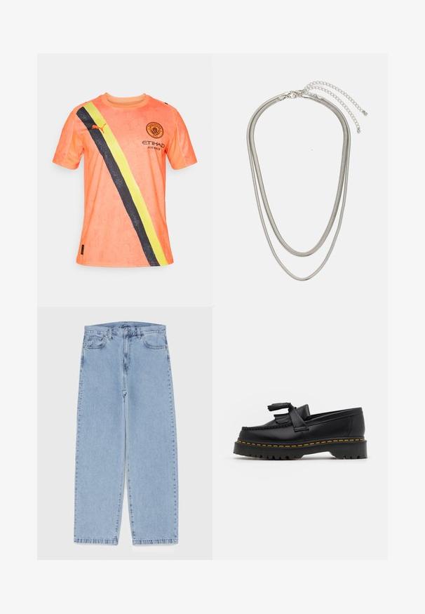 Īsām piedurkņu oranža sporta krekls ar melnu un dzeltenu diagonālu svītru, ar apaļu kaklu, komandas logo un sponsora zīmējumu.; Gai zila džinsu bikses ar taisnu kāju dizainu, kas piedāvā vidēju vidukļa augstumu, piecas kabatas un pogas un rāvējslēdzēja aizdari.; Melnas ādas mokasīni ar pērlītēm uzsvaru, ar masīvu melnu zoli un dzeltenu šuvumu gar malu. Ar teksturētu apdari.; Trīslīmeņu sudraba metāla kaklarota ar gludām, elastīgām ķēdēm, kas spīd, droši piestiprināta ar omā uzgali un regulējamu ķēdi.