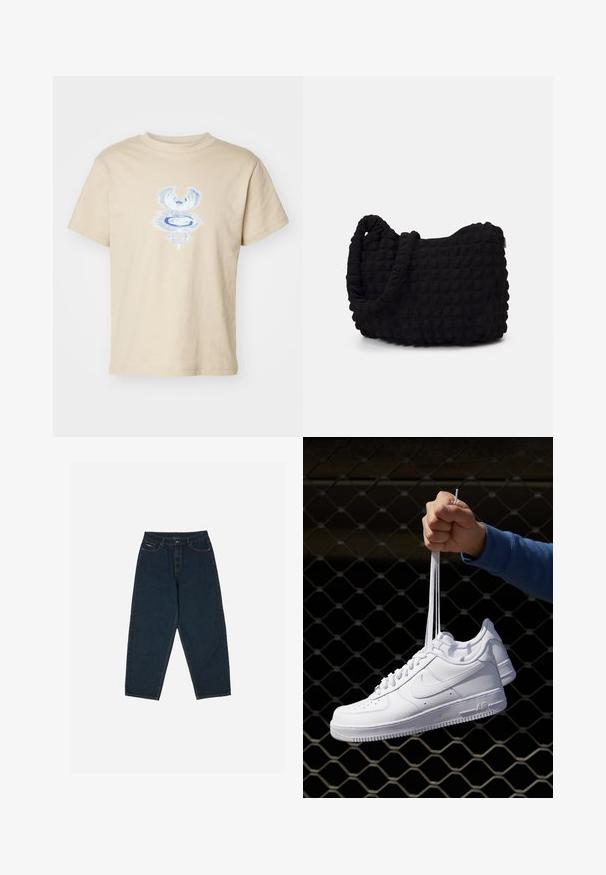 Weekday BOXY GRAPHIC TEE - T-shirts print - beige; Mørkeblå højtaljede jeans med afslappet pasform, udstyret med fem lommer og knaplukning. Fremstillet af denim med en glat overflade.; Hvide lædersneakers med perforeringer, rund tå, flad sål og tykke snørebånd, med et synligt swoosh-logo og "AIR" på hælen.; Sort stofpose med en struktureret, quilted mønster. Rund form, korte, tykke håndtag, og en blød, fleksibel struktur.