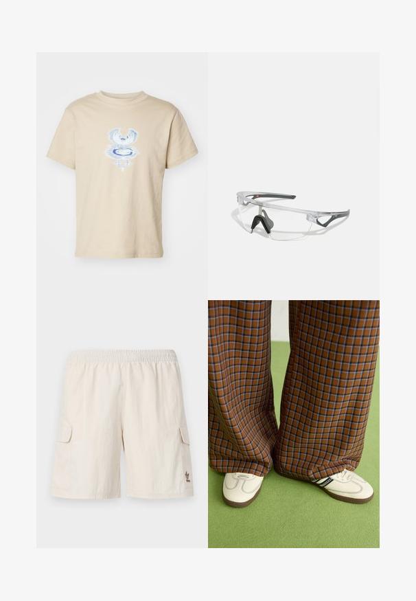 Weekday BOXY GRAPHIC TEE - T-shirts med print - beige; Beige cargo shorts med elastisk midje, to sidelommer, og en liten logo på nederste høyre side. Jevn, lett stoff.; Brune og blå rutete vide bukser sammen med hvite sko med svarte detaljer og teksturerte såler, satt mot en grønn bakgrunn.; Klare sikkerhetsbriller med en lett, gjennomsiktig ramme og grå detaljer. Har en innpakket design og justerbar nesestykke.