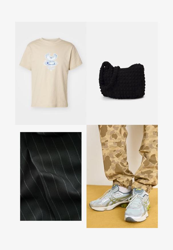 Weekday BOXY GRAPHIC TEE - Trükipildiga T-särk - beige; Mustmustriidi must kangas, millel on kalasabatähe muster ja peened valged triibud. Tekstuur näeb välja sile, millel on kudumise tõttu õrn sügavus.; Heledad hallhallid spordijalatsid hõbedaste aktsentidega, rohelise pehmendusega ja tekstuurse võrgu ülemise osaga, koos beežide kamuflaažimustriga pükstega.; Must mustkott, millel on tekstuuriga tikitud muster. Ümar kuju, lühikesed ja jämedad sangad ning pehme, paindlik struktuur.