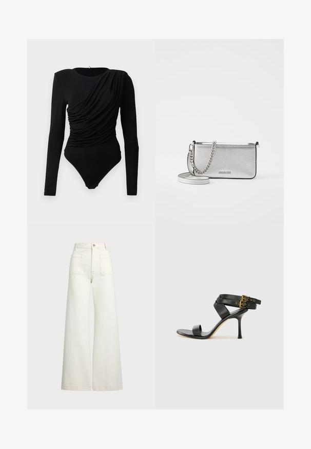 Svart langermet body med asymmetrisk rynke-drapering over forsiden og trykknapper i skrittet.; Vidde bukser i off-white denim. Høyt liv-design med knappelukking, to frontlommer og kontrastsøm detaljer.; Svarte hælsandaler med kryssende stropper og justerbar spenne. Har en jevn tekstur og avsmalnende stilettoklakk.; Sølv lær crossbody-veske med teksturert finish, kjede- og stroppdetaljer, samt glidelås-lukking. Har en logo på forsiden.