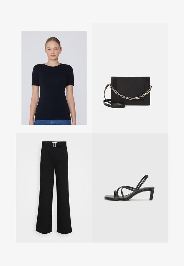 T-shirt nero a maniche corte realizzato in tessuto morbido, con scollatura rotonda e silhouette aderente. Nessun motivo o accento visibile.; Pantaloni neri a gamba larga realizzati in tessuto leggero, caratterizzati da una texture liscia, pieghe frontali e una cintura con fibbia metallica quadrata.; Sandalo nero con cinturini, dalla punta squadrata e tacco basso a blocco. Presenta diversi cinturini sottili e una cinturini regolabile alla caviglia. Realizzato in pelle liscia.; Borsa a tracolla nera in pelle con una texture liscia, forma rettangolare e dettaglio in catena metallica sul davanti. Inclusa una tracolla regolabile.