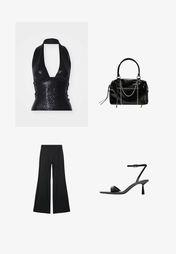 Weekday ALINE SEQUIN HALTERNECK - Top - black; Pantaloni negri cu croială largă, având o textură netedă, cu pliseuri frontale și un design croit. Materialul este ușor și fluid.; Bershka Sandale cu toc - black; Bershka WITH CHAIN - Geantă de mână - black