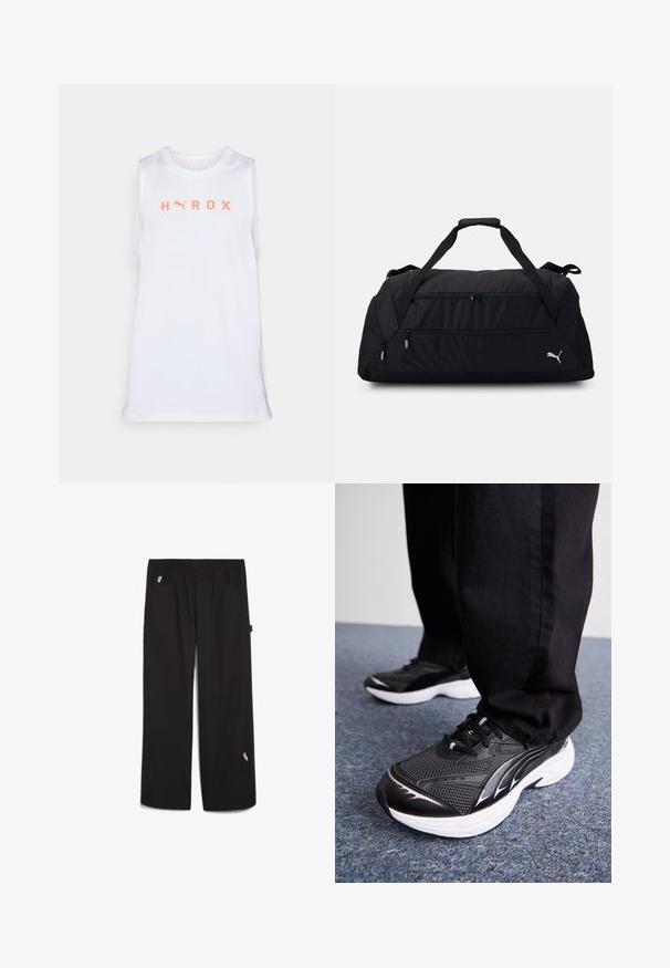 White sleeveless athletic tank top featuring "HYROX" in bright orange text, with a round neckline and breathable mesh side panels.; Black pants with an elastic waistband, two front pockets, and a small embroidered detail on the lower leg. Made from a lightweight material.; Black athletic shoes with mesh fabric, white sole, and black accents. Tread is textured. Worn with black pants on a blue carpeted surface.; Black duffel bag made of durable fabric, featuring dual zip compartments, padded handles, and a white Puma logo on the side.