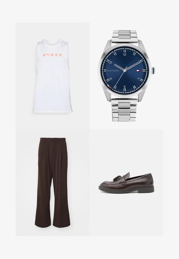 Valkoinen hihaton urheilupaita, jossa on kirkkaan oranssilla tekstillä "HYROX", pyöreä pääntie ja hengittävät verkko sivupaneelit.; Ruskeat leveät housut korkealla vyötäröllä, joissa on etupleikkeet ja vyölenkit, valmistettu sileästä ja kevyestä kankaasta.; Ruske nahkainen loafers-kengät pyöreällä kärjellä, koristeellisella tupsulla, ommelluilla yksityiskohdilla ja matalalla kumisella korolla lisämukavuutta varten.; Harmaa metallikello, jossa on harjattu sininen taulu, valkoiset tuntimerkit ja päivämääränäyttö. Varustettu linkitetyllä metallirannekkeella ja brändin logolla.