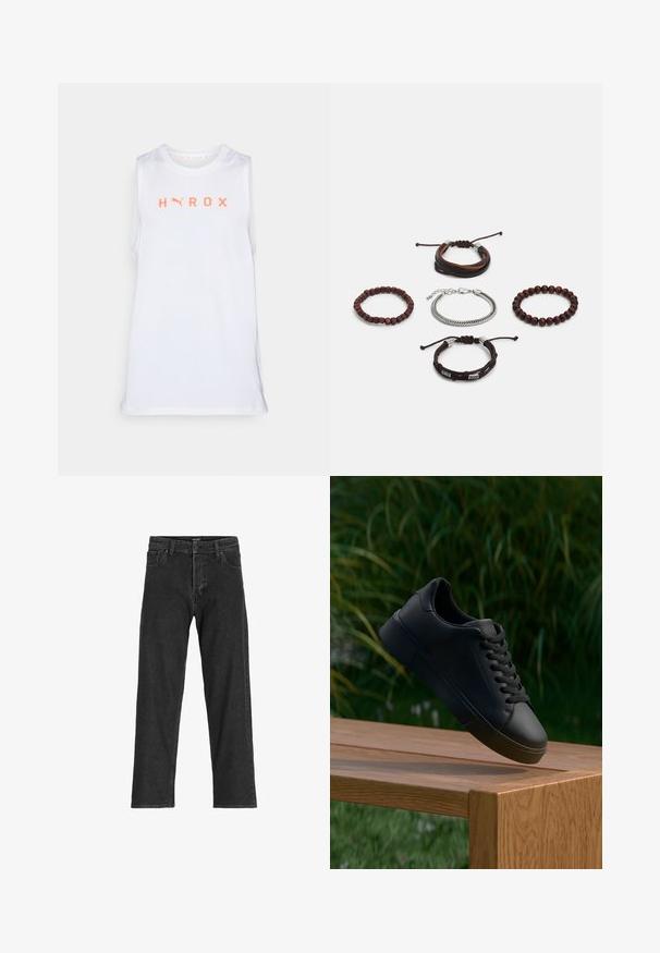 Fehér ujjatlan sportos trikó, amelynek elülső részén élénk narancssárga "HYROX" felirat található, kerek nyakkivágással és légáteresztő hálós oldalsó panelek kialakítással.; Fekete farmernadrág egyenes szárú dizájnnal, cipzáras záródással, övhurkokkal és hat zsebbel, tartós pamut keverékből készült.; Fekete bőr sportcipő fűzőkkel látszólag lebeg egy fa pad felett, a zöld fű és növények homályos háttérben.; Öt darabból álló karkötőszett, barna bőrből, fa gyöngyökkel és ezüst lánccal; különböző textúrákkal és formákkal, állítható zárással.