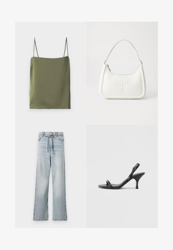 Olivenfarget kjemisett laget av glatt stoff. Den har tynne stropper og en rett skjortehals, med et enkelt, minimalistisk design.; Lyseblå vide jeans laget av denim, med høy midje, frontlommer og snøring i midjen. Slitt tekstur.; Sorte skinnhøye hæler med en slank, buet hæl og et kryssrem-design. Justerbar ankelrem. Glatt tekstur.; Hvit lærveske med en buet fasong, med et preget "CK"-logo på forsiden og en enkel skulderstropp. Glidelåslukking på toppen.