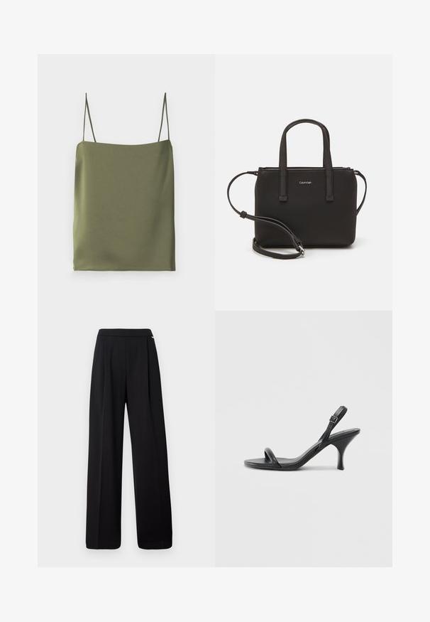 Olivevihreä toppi, joka on valmistettu sileästä kankaasta. Siinä on ohuet olkaimet ja suora kaula-aukko, ja sen muotoilu on yksinkertainen ja minimalistinen.; Mustat leveät housut, jotka on valmistettu sileästä kankaasta, yksinkertaisella designilla ja joustavalla vyötäröllä, ilman näkyviä kuvioita tai yksityiskohtia.; Mustat nahkaiset korkokengät, joissa on hoikka, kaareva korko ja ristiin menevä hihnadesign. Säädettävä nilkkahihna. Silkkinen pinta.; Musta käsilaukku, jossa on kaksinkertaiset lyhyet kahvat ja irrotettava olkahihna. Silkkinen nahkatunneinen materiaali, jossa on vetoketjukiinnitys ja logoyksityiskohta.
