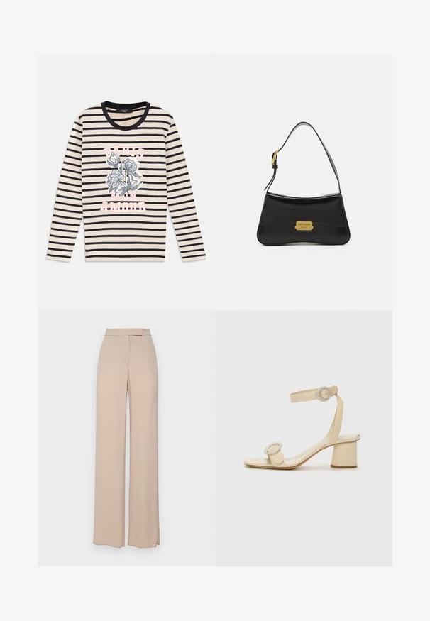 Cămașă cu mânecă lungă în dungi, bej și bleumarin, având o grafică florală și textul "PARIS MON AMOUR" în roz, cu un guler rotund negru.; Pantaloni bej, cu croi larg, realizați dintr-un material ușor. Prezentând o textură netedă, buzunare frontale și un design subtil al taliei.; Sandi cu toc înalt bej, cu un design minimalist, având două accente circulare și un toc gros. Realizate din piele netedă.; Geantă de umăr din piele neagră, cu un design curbat, accent cu placă logo aurie și un breloc subțire. Textură netedă cu un finisaj elegant.