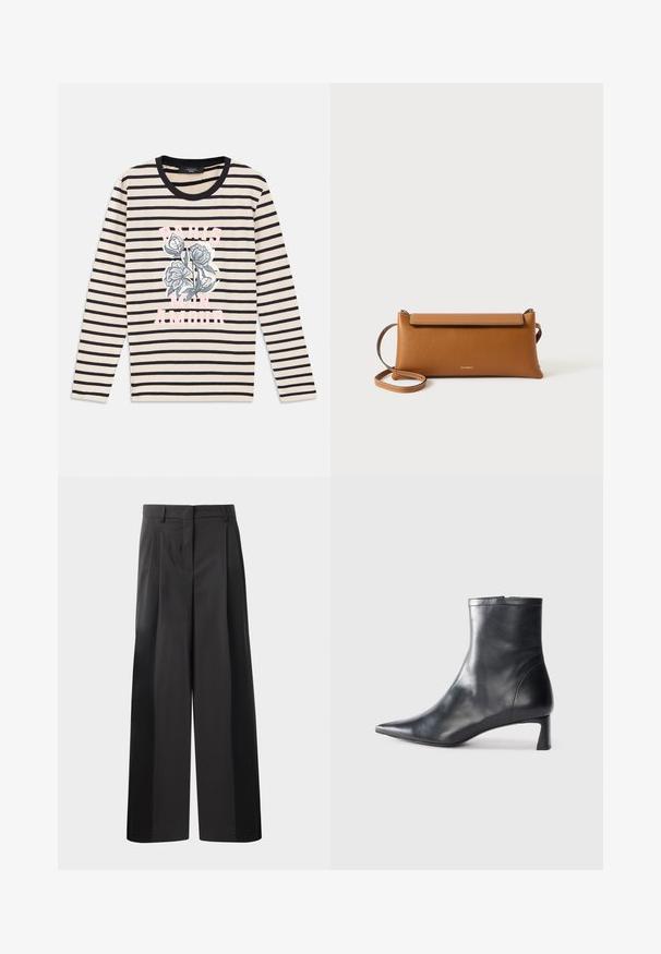 Prúžkovaná dlhá rukávová košeľa v béžovej a námornej modrej farbe, zdobená kvetinovou grafikou a textom "PARIS MON AMOUR" v ružovej, s okrúhlym čiernym výstrihom.; Čierne široké nohavice s vysokým pásom, so záhybmi vpredu, hladkou textúrou a prispôsobeným strihom. Navrhnuté pre uvoľnený strih.; Čierne kožené členkové topánky s špicatou špičkou a elegantným dizajnom. Majú nízky podpätok a zips na zadnej strane. Hladká textúra.; Hnedá kožená kabelka na clutch, obdĺžnikový tvar, textúrovaný povrch, odnímateľný popruh, zipsové zatváranie, decentné logo embosované na prednej strane.