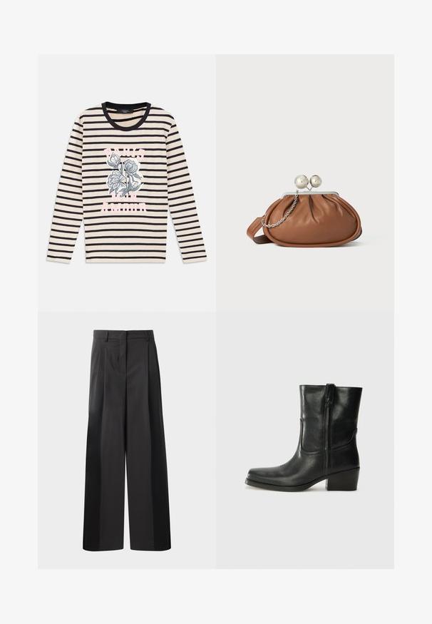 Prúžkovaná dlhá rukávová košeľa v béžovej a námornej modrej farbe, zdobená kvetinovou grafikou a textom "PARIS MON AMOUR" v ružovej, s okrúhlym čiernym výstrihom.; Čierne široké nohavice s vysokým pásom, so záhybmi vpredu, hladkou textúrou a prispôsobeným strihom. Navrhnuté pre uvoľnený strih.; Čierne kožené členkové topánky s okrúhlou špičkou, blokovým podpätkom, bočným zipsom a prešívaním na priehlavku. Hladká textúra, klasický dizajn.; Hnedá kožená kabelka s strieborným guľovým zapínaním a malým strieborným reťazom na bielom pozadí.