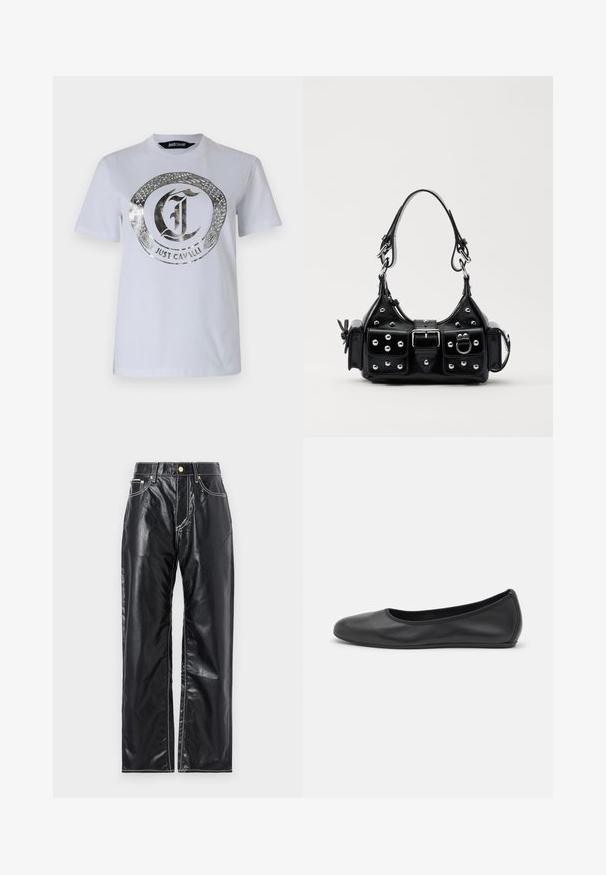 White cotton t-shirt featuring a metallic silver snake design encircling the "Just Cavalli" logo. Crew neck with short sleeves.; Black faux leather pants with a wide-leg cut, featuring white stitching, front pockets, and a gold button at the waistband.; Black leather ballet flat with a rounded toe, smooth texture, minimal stitching detail, and a flexible sole design.; Black leather handbag with a curved design, featuring silver studs, a buckle, and two side pockets. Adjustable strap for carrying options.