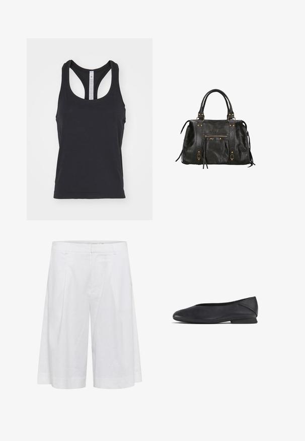 lululemon SWIFTLY TECH RACERBACK TANK - Top - black black; Weiße Leinen-Shorts mit lockerer Passform, breitem Bein-Design, vorderen Falten und einer glatten Textur für Atmungsaktivität.; Schwarze Lederflats mit runder Zehenpartie und niedrigem Absatz, geeignet für Freizeit- oder formelle Anlässe.; Schwarze Lederhandtasche mit doppelten Obergriffen, einer Reißverschlusstasche auf der Vorderseite und goldfarbenen Hardwareakzenten. Strukturiert Oberfläche mit seitlichen Quasten.