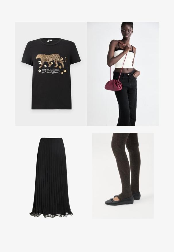 Must rõngast lühikeste varrukatega must t-särk, millel on leopardimuster ja kuldsed aktsendid. Allpool on tekst "OLGE RÄBAL JA VABA, aga olge eriline".; Valge lühikeste varrukatega T-särk V-kaelusega, millel on õrn pitsäärisega kaelus ja varrukaääred, valmistatud kerge kangast.; Must mustriga mustritega maxi seelik, mis on valmistatud kergest kangast ja voolavast disainist. Omab volangiga äärt ja elastset vöökohta mugavuse tagamiseks.; Mustad mustad kingad väikese teksaga varvaste juures, koos tumedate pruunide ribakangastega. Kingadel on sile tekstuur ja madal profiil.; Burgundia pehmeast kangast käekott, millel on kokkuvõetud disain ja pikk rihm, kantud üle keha. Mudel kannab valget crop-topi ja musti teksaseid.