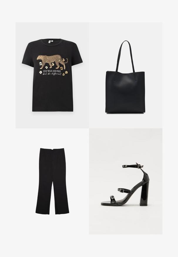 Musta puuvillapaita, jossa on leopardikuosiset suunnittelut ja kultaiset yksityiskohdat. Alapuolella teksti "OLE VILLINÄ JA VAPAA, mutta ole erilainen".; Mustat housut suoralinjaisella leikkauksella, joissa on etutaskut ja sivurei'ät helman alla. Valmistettu pehmeästä ja sileästä kankaasta. Sopii eri tilaisuuksiin.; Musta kiiltävä korkokenkä sandaalit neliönmuotoisella varpaalla, nilkkaremmillä ja hopeisilla soljilla. Varustettu tukevalla lohkokorkealla vakauden takaamiseksi.; Mustapahkainen kangaskassi, jossa on sileä pinta, suorakaiteen muotoinen ja kaksi pitkää kahvaa. Ei näkyvää metalliosaa tai koristeita.