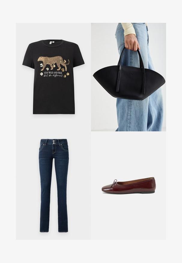 Svart bomull T-skjorte med leopardmønster og gulldetaljer. Har teksten "STAY WILD AND FREE men vær annerledes" under.; Mørkeblå skinny jeans med dobbeltknap-lukning, forlommer og gul syning på hvid baggrund.; Burgunderrød lakk lær ballettleilighet med rund tå, liten sløyfe foran og en lav, svart gummisåle. Glatt tekstur.; Svart skinnveske med en unik vifteform, med flate håndtak. Overflaten har en pebblelignende tekstur og et minimalistisk design.
