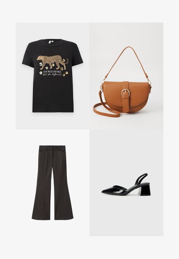 Černé bavlněné tričko s potiskem leopardího vzoru a zlatými akcenty. Pod ním je nápis "ZŮSTAŇTE DIVOCÍ A SVOBODNÍ, ale buďte jiní".; Černé rozšířené kalhoty s vysokým pasem; mají dvě přední kapsy a hladkou texturu látky. Vhodné pro různé příležitosti.; Černé lakované kožené lodičky na pásku s špičatou špičkou a geometrickým blokovým podpatkem. Vyznačují se elegantním, minimalistickým designem a hladkým povrchem.; Hnědá kožená křížová taška s zakřiveným tvarem, zlatými detaily a akcentem s přezkou. Obsahuje odnímatelný popruh na rameno.