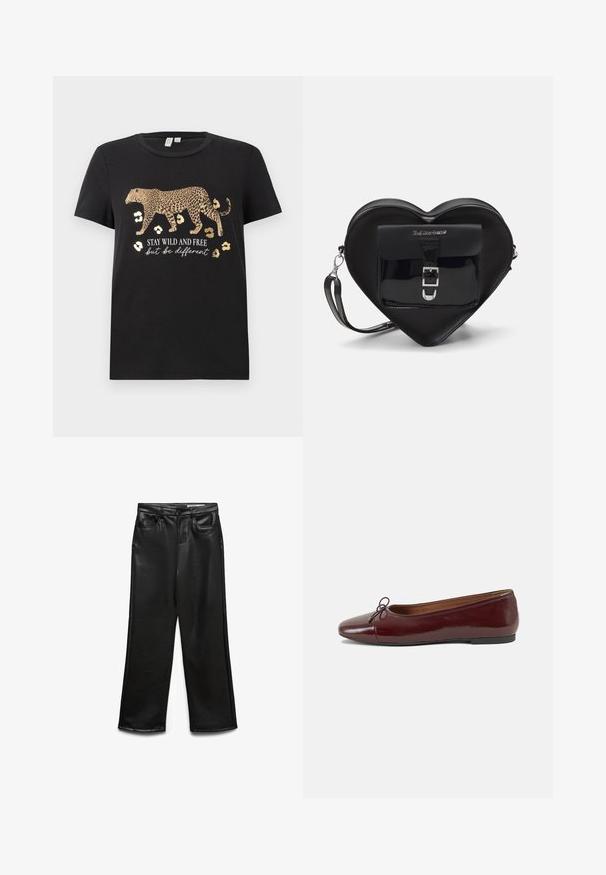 Czarny bawełniany t-shirt z wzorem w panterę oraz złotymi akcentami. Poniżej znajduje się napis "POZOSTAŃ DZIKI I WOLNY, ale bądź inny".; Czarne, szerokie spodnie z ekoskóry z przednimi kieszeniami, szlufkami na pasek i subtelnym połyskiem. Gładka tekstura i dopasowany krój.; Bordowe baleriny z lakierowanej skóry z zaokrąglonym noskiem, małą kokardką z przodu oraz niską, czarną gumową podeszwą. Gładka tekstura.; Czarna torba w kształcie serca wykonana z lakowanej skóry, z przednią kieszenią z zapięciem na klamrę i odczepianym paskiem. Srebrne akcenty metalowe.