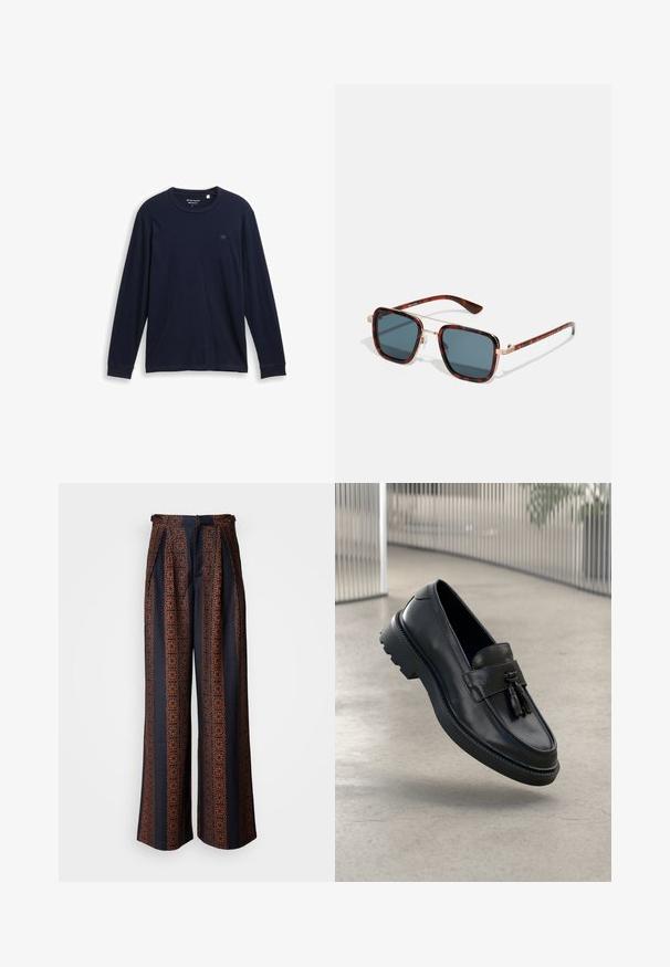 Tumed pikkade varrukatega T-särk, mis on valmistatud pehmest puuvillast, ümarate kaelustega, õmmeldud servadega ja rinnal väikese broderi logoga.; Tumedast nööbitav särk, millel on lilleline geomeetriline muster oranžide toonidega. Särgil on krae ja pikad varrukad, millel on nööpidega mansetid.; Tumed jalad tumepunases kangas, millel on keeruline oranž geomeetriline muster, plekitud eesmine osa ja hästi sobiv värv.; Mustad nahast mokassiinid, millel on sile viimistlus, dekoratiivne tutt, paks kummist tald ja õmmeldud detailid. Kerge ja voolujooneline disain.; Kilpkonnakujulised päikeseprillid tumehallide objektiividega, ruudukujulised, kuldse metalliga detailidega ja kitsaste tempidega, millel on eristuv triibuline muster.