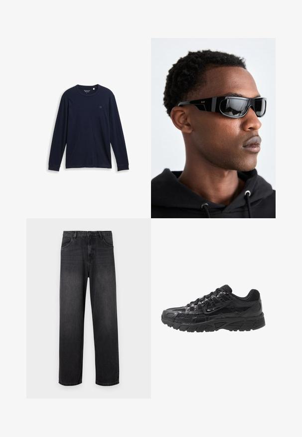 Navy zila garām piedurknēm T-kreksa, kas izgatavots no mīkstas kokvilnas, ar apaļu kakla izgriezumu, stitched hem un mazu izšūtu logo uz krūšu.; Tumši pelēki džinsi ar taisnu kāju dizainu, ar rāvējslēdzēja aizdari, piecām kabatām un smalkiem izbalējumu elementiem uz auduma.; Melnas sporta apavi ar tīkla un sintētisku augšpusi, teksturētu virsmu, auklu aizdari un rakstainu gumijas zoli, lai nodrošinātu saķeri.; Melni saulesbrilles ar gludu, leņķveida dizainu. Aprīkotas ar spīdīgu rāmi un tumši tonētiem stikliem. Mazs zelta RSF logo sānos.