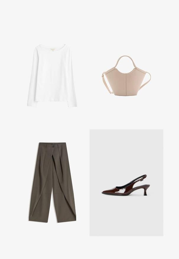 Seasalt Cornwall Pitkähihainen paita - white salt; Laahustetut leveät housut tummasta harmaasta kankaasta. Varustettu etupleatilla, nappikiinnityksellä ja sivutaskuilla käytännöllisyyden vuoksi.; Ruske patentin nahkalijatke sa špicastim nosom i umjerenom petom. Sadrže remen s kopčom za sigurno pristajanje. Glatka tekstura.; Vaaleanbeige nahkainen käsilaukku, jossa on ainutlaatuinen muoto, varustettuna kahdella lyhyellä kahvalla ja yhdellä pitkällä säädettävällä hihnalla. Sujuva pinta ja vähän metalliosia.