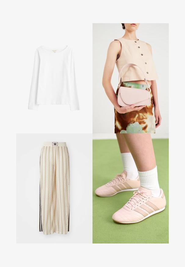 Seasalt Cornwall Ilgarankovis viršutinės dalies drabužis - white salt; Grietos spalvos plačios kelnės su zigzagų raštu, turinčios juodą logotipo juostą ir šonines juodas juosteles. Lengvas, tekstūruotas audinys.; Šviesiai rožiniai sportiniai batai su įstrižai siūtomis detalėmis, baltais pado ir trimis šoninėmis juostomis. Dėvimi su banguotomis baltomis kojinėmis ant žalios paviršiaus.; Rožinė odinė rankinė su lenktu užklotu, vienu peties diržu ir švariomis linijomis. Rankinė turi lygų paviršių ir minimalizmo dizainą.