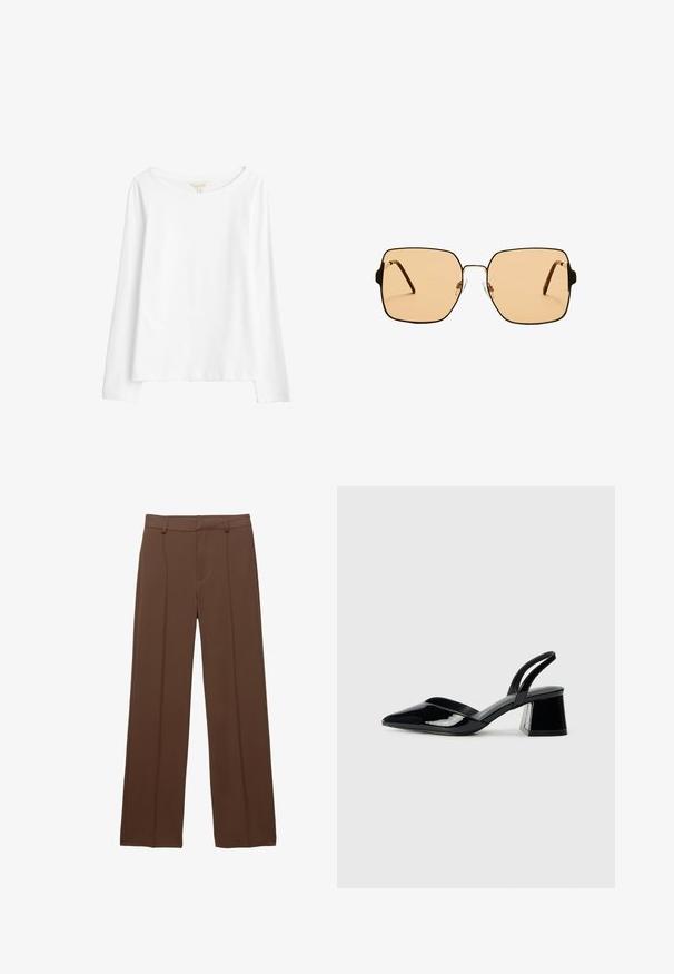 Seasalt Cornwall Pitkähihainen paita - white salt; Ruskeat, leveät housut, jotka on valmistettu sileästä kankaasta; sisältää vuoratut etupuoliset muotit ja litteän vyötärönauhan, jossa on vyölenkit.; Mustat patentoitu nahkakengät, joissa on säären takaosa ja terävä kärki, sekä geometrinen palikkakorko. Sisältää tyylikkään, minimalistisen muotoilun ja sileän pinnan.; Neliömäiset aurinkolasit ruskeilla linsseillä ja ohuella mustalla metallikehyksellä. Varusteena on kulmikkaat tempulit ja säädettävät nenätyynyt mukavuutta varten.; Kudottu olkakassi heinistä mustilla nahkakahvoilla ja yksityiskohdilla. Suorakulmainen muoto, tilava sisäosa ja irrotettava olkahihna.