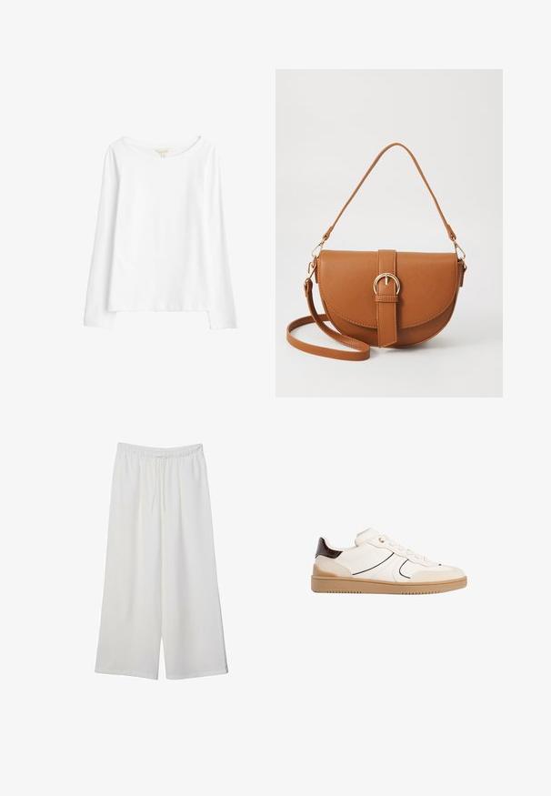 Seasalt Cornwall - Bluzka z długim rękawem; Białe szerokie spodnie wykonane z lekkiego materiału, z elastyczną talią i sznurkiem do regulacji fasonu. Gładka tekstura.; Stradivarius - Sneakersy niskie; Brązowa skórzana torba na ramię o zaokrąglonym kształcie, ze złotymi akcentami i zapięciem w formie klamry. Posiada odpinany pasek na ramię.