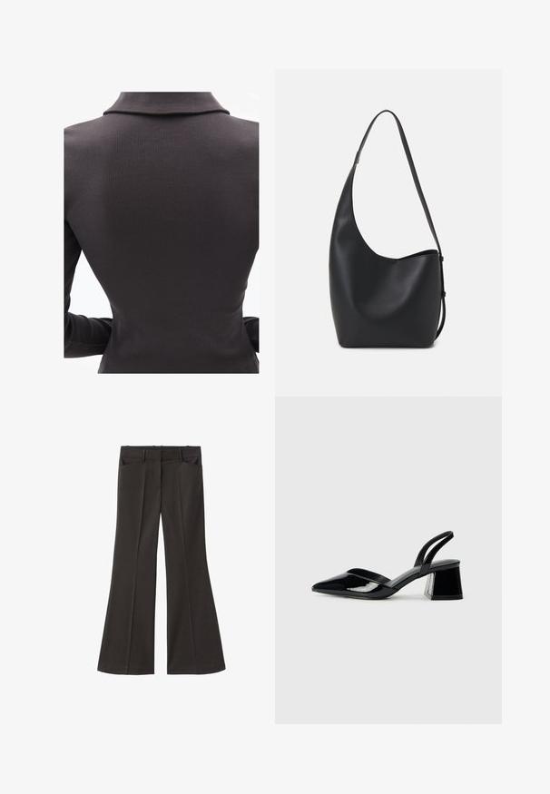 Musta ribbed-kangas toppi kauluksella, joka on muotoiltu tiukasti ja jossa on pitkät hihat, korostaa pystysuoria tekstuur yksityiskohtia.; Mustat vyötäröltä korkealla loistavat housut; niissä on kaksi etutaskua ja sileä kangaspinta. Sopii eri tilaisuuksiin.; Mustat patentoitu nahkakengät, joissa on säären takaosa ja terävä kärki, sekä geometrinen palikkakorko. Sisältää tyylikkään, minimalistisen muotoilun ja sileän pinnan.; Musta nahkainen hobo-laukku, jossa on sileä pinta, kaareva muoto ja yksi säädettävä olkahihna; sisäänkäynti on leveä ylhäältä.