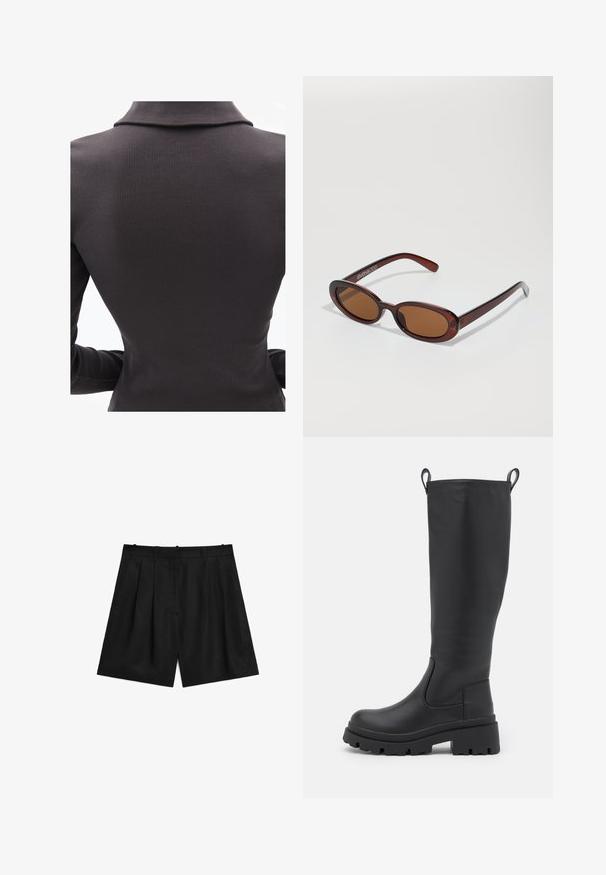 Czarny ribbedowy top z kołnierzykiem, o dopasowanym kroju i długich rękawach, podkreślający wertykalne detale tekstury.; Czarne dopasowane szorty wykonane z gładkiego, lekkiego materiału. Posiadają fałdy, dwie boczne kieszenie oraz prosty krój paska.; Czarne, sięgające do kolan botki z gładkiej skóry, z masywną podeszwą i niewielkim obcasem. Posiadają uchwyty do zakupu oraz elastyczne boczne panele, co ułatwia ich zakładanie.; Okrągłe, brązowe okulary przeciwsłoneczne z błyszczącą bordową oprawą. Cienkie ramiona z subtelnym detalem marki. Płaski kształt soczewek.