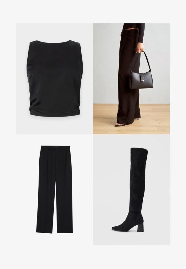 Crna majica bez rukava s glatkom, sjajnom teksturom; ima okrugli izrez i nabran detalj sa strane za prilagođeni siluetu.; Crne hlače ravnog kroja, s dva prednja džepa i pojasom. Izrađene od glatkog, laganog materijala.; Crne antilop čizme do koljena s blok potpeticom, šiljastim prstom i glatkim, bešavnim dizajnom na običnoj svijetloj pozadini.; Crna torba s oblikom koji sadrži strukturu, glađu teksturu i metalnu kopču. Uparena s širokim crnim hlačama i sandalama na otvorenom s drvenog poda.