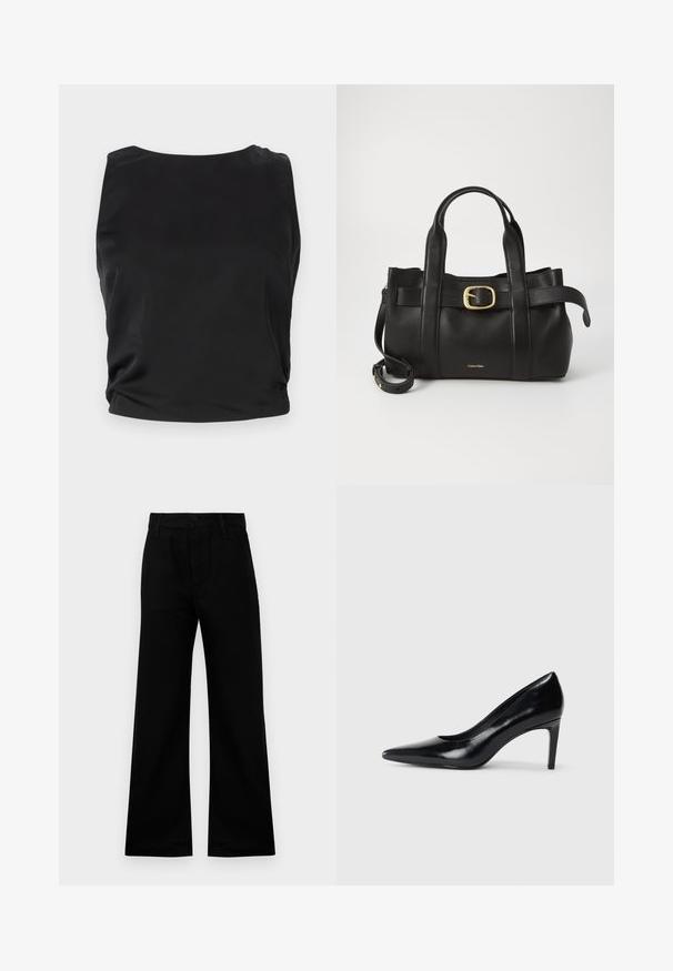 Musta ilmanhiha toppi, jossa on sileä ja kiiltävä pinta; ominaisuuksiin kuuluu pyöreä pääntie ja rypytetty sivuosa, joka luo vartalonmyötäisen siluetin.; Mustat leveälahkeiset housut, jotka on valmistettu sileästä kankaasta ja joissa on korkea vyötärö, napitettava suljenta ja vyölenkit, tarjoten rakenteellisen istuvuuden.; Mustat nahkakengät korkealla korolla, terävä kärki, sileä pinta ja kapeneva korko. Minimalistinen muotoilu, ei ylimääräisiä koristeita.; Musta nahkakäsilaukku, jossa on struktuurinen muotoilu, kaksoiskahvat, kultasävyinen solkiaksentti ja kohokuvioitu brändilogo edessä.