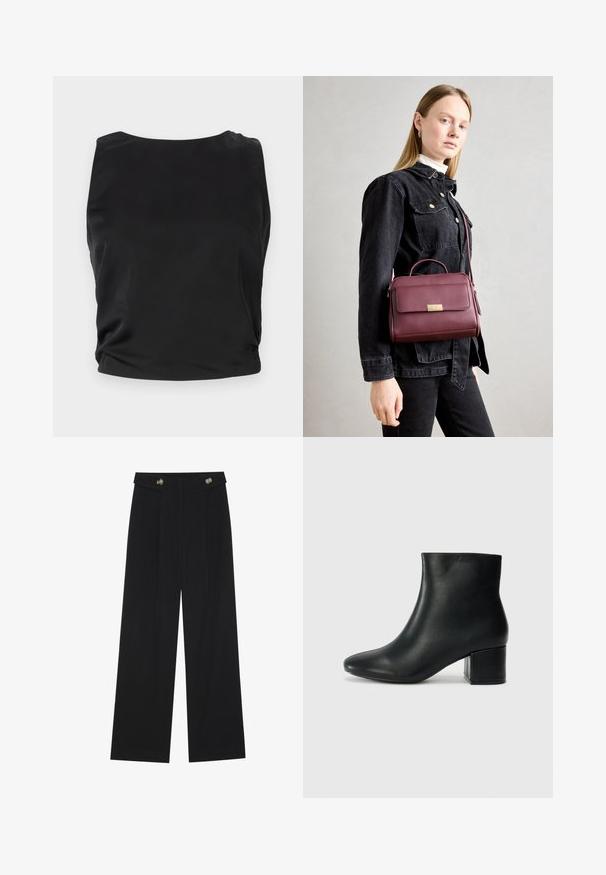 Mustata ilma varrukatega topp, millel on sile ja läikiv tekstuur; omab ümmargust kaelust ja kogutud külje detailidega, et luua keha lõikega sobiv siluett.; Mustad laiad püksid kõrge vöökoha ja nööpdetailidega vööandil, esikortsudega.; Mustad nahast pahkluu saapad terava varbaga ja jämeda kandaga. Sile tekstuur minimaalse aktsentidega ja stiilne, lihvitud disain.; Bordoo nahast käekott kuldse klambriga, struktureeritud kuju, pealne käepide ja reguleeritav õlapael. Mudel kannab teksajakki.