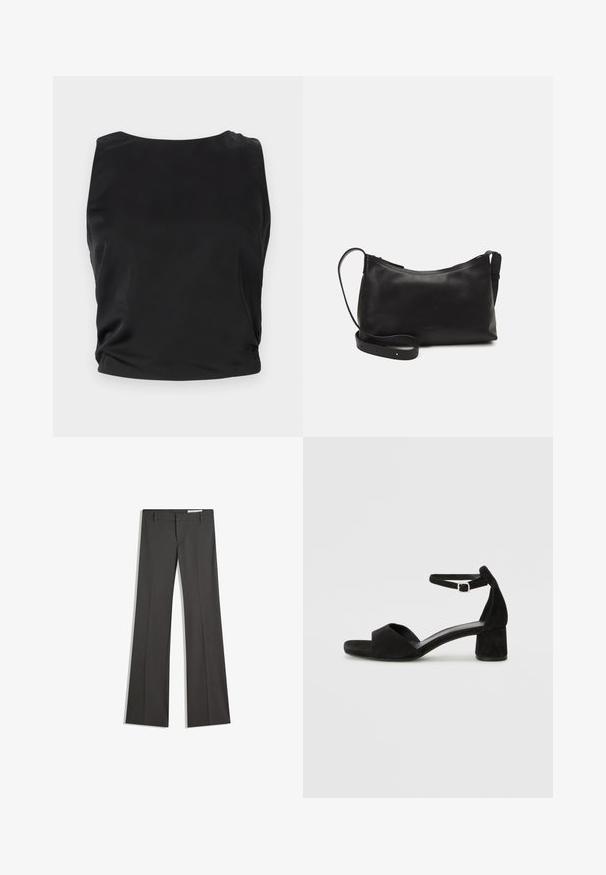 Top negru fără mâneci, cu o textură netedă și lucioasă; are un decolteu rotund și detalii plisate pe lateral pentru o siluetă ajustată.; Pantaloni gri evazați dintr-un material neted, cu un front plat, bucle pentru curea și un design ajustat cu linii curate.; Sandale cu toc din suede negru, cu o curea subțire la gleznă, design cu vârful deschis și un toc modest de tip bloc. Textură netedă și accente minime.; Geantă de umăr din piele neagră, cu o textură netedă, formă curbată, curea ajustabilă și închidere cu fermoar. Design minimalist, fără embellishments.