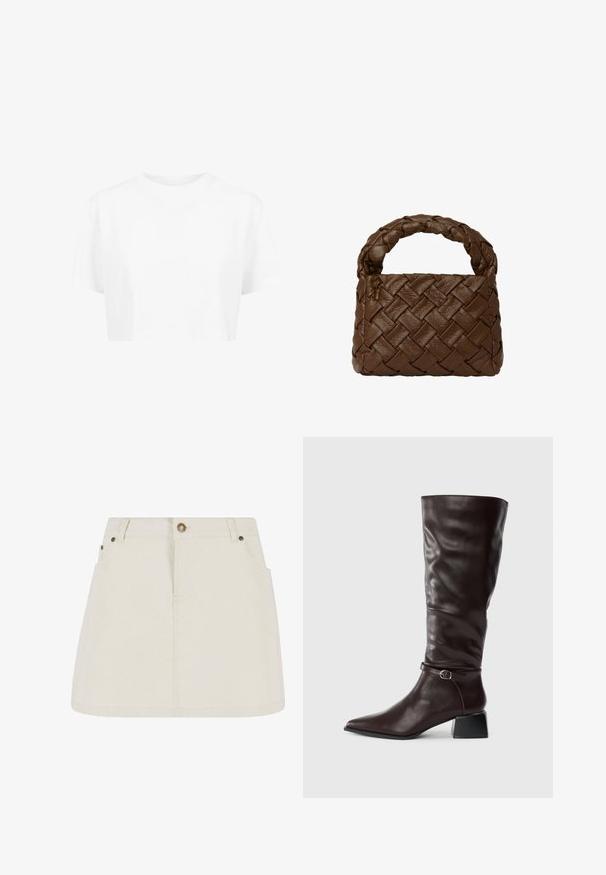 Witte cropped t-shirt, korte mouwen, ronde halslijn, gemaakt van gladde stof, zonder zichtbare patronen of opvallende hardware.; Leren denim minirok in lichtbeige, met een hoge taille, twee voorzakken en bronzen knoopaccenten. Gladde textuur en eenvoudig ontwerp.; Lange, donkerbruine leren laars met een spitse neus, een kleine gesp rond de enkel en een lage blokhak op een witte achtergrond.; Bruine geweven leren handtas met een gevlochten handvat, rechthoekige vorm, textuur oppervlak en naadloze constructie.
