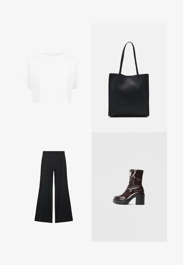 Bijela skraćena majica, kratki rukavi, okrugli izrez, izrađena od glatke tkanine, bez vidljivih uzoraka ili istaknutih detalja.; Crne široke hlače s glatkom teksturom, koje imaju prednje nabore i kroj po mjeri. Tkanina je lagana i lepršava.; Sjajna burgundska čizma do gležnja s debelim crnim potplatom, koja se odlikuje glatkom teksturom i jednostavnim dizajnom. Nema vidljivih kopčanja ili uzoraka.; Crna kožna torba za nošenje s glatkom teksturom, pravokutnim oblikom i dvije duge ručke. Nema vidljivih metalnih dijelova ili ukrasa.