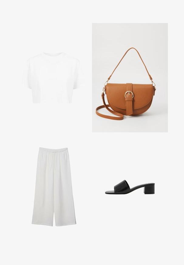 White cropped t-shirt, short sleeves, round neckline, made of smooth fabric, with no visible patterns or distinct hardware.; White wide-leg trousers made of lightweight fabric, featuring an elastic waistband and a drawstring for adjustable fit. Smooth texture.; Black leather open-toe slide sandal with a wide strap and a solid block heel. Features a smooth texture and minimal design.; Brown leather crossbody bag with a curved shape, gold hardware, and a buckle accent. Features a detachable shoulder strap.