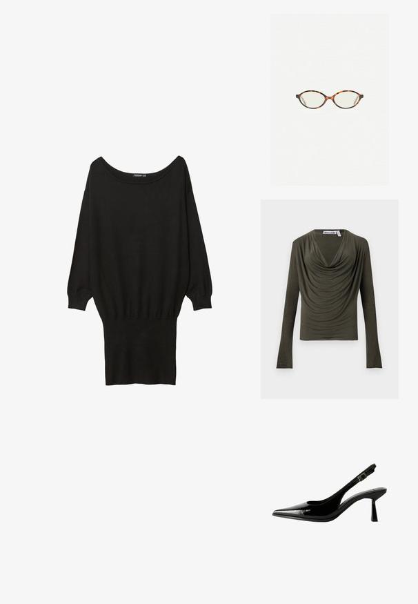 Olive green long-sleeve top with a draped cowl neckline, soft texture, and fitted design. Label reads "WEEKDAY."; Black oversized sweater with a wide boat neckline, long sleeves, ribbed cuffs, and a fitted bottom hem, made from a soft, textured fabric.; Black patent leather slingback pump with a pointed toe, cutout sides, adjustable ankle strap, and a thin, sleek heel.; Tortoiseshell eyeglasses with oval lenses and a sleek, smooth finish. Features thin sides with a subtle curve at the temples. Clear lenses.