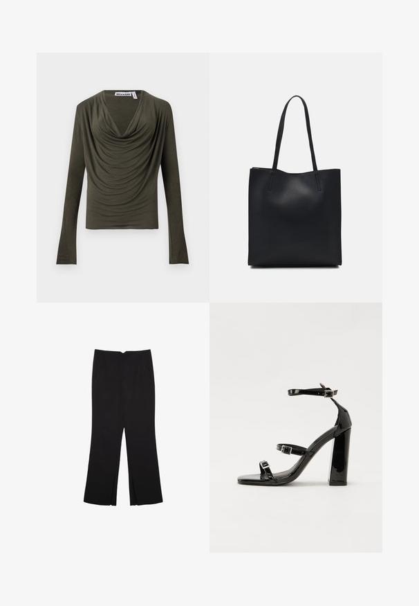 Olivengrünes Langarmoberteil mit drapiertem Cowl-Ausschnitt, weicher Textur und figurnahem Design. Das Etikett trägt die Aufschrift "WEEKDAY."; Schwarze Hose mit geradem Schnitt, ausgestattet mit Fronttaschen und Seitenschlitzen am Saum. Hergestellt aus weichem, glattem Stoff. Geeignet für verschiedene Anlässe.; Schwarze patentierte Sandalen mit Absatz, quadratischer Spitze, Knöchelriemen und silbernen Schnallen. Mit einem stabilen Blockabsatz für mehr Stabilität.; Schwarze Laptoptasche aus Leder mit glatter Textur, rechteckiger Form und zwei langen Griffen. Keine sichtbaren Beschläge oder Verzierungen.