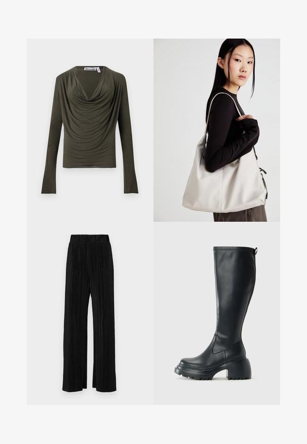 Olive green long-sleeve top with a draped cowl neckline, soft texture, and fitted design. Label reads "WEEKDAY."; Black pleated trousers with an elastic waistband. Features wide legs and a smooth, textured fabric with vertical stripes.; Tall black leather boot with chunky platform sole and block heel, featuring pull tab and textured tread on outsole.; Beige handbag made of soft material, featuring a slouchy design, stitched detailing, and two shoulder straps. Suitable for everyday use.