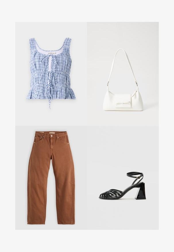 Blue and white checkered cropped top made of lightweight fabric. Features a scooped neckline, adjustable tie, and gathered textures.; Rust brown straight-leg jeans with front and back pockets, metal rivets, button closure, and belt loops, laid flat on a white background.; Black heeled sandal featuring a strappy design, glossy patent finish, open toe, and a geometric block heel. Accented with a buckle strap.; White synthetic handbag with a triangular shape, flat front flap and bow detail, adjustable strap, smooth texture, and minimalistic design.