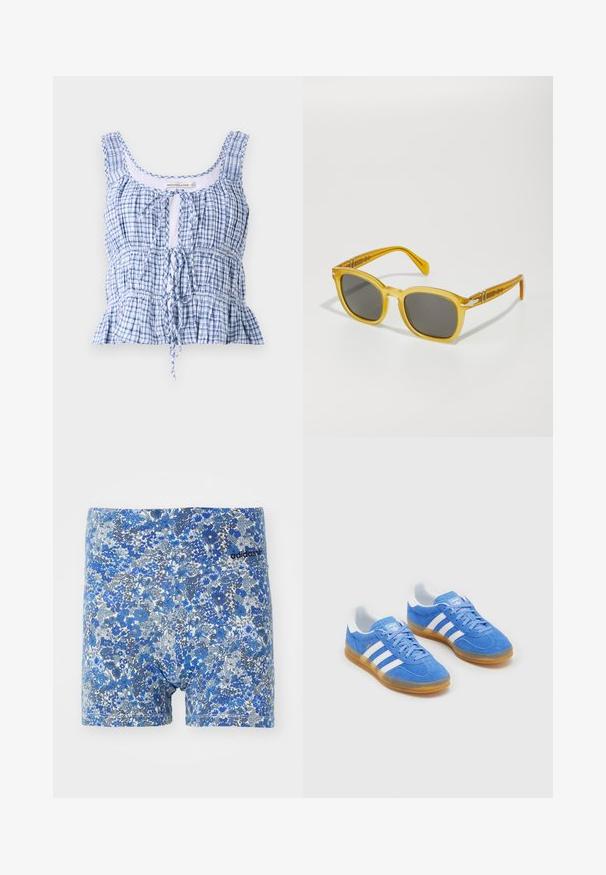 Top court bleu et blanc à carreaux en tissu léger. Présente un col rond, un noeud ajustable et des textures froncées.; Boxer shorts à imprimé floral bleu avec un mélange de nuances, présentant une coupe ajustée et un logo Adidas noir sur la ceinture.; Baskets en cuir suédé bleu avec des accents rayés blancs, semelle en caoutchouc et col rembourré pour plus de confort. Présente un design classique à lacets.; Lunettes de soleil en plastique jaune translucide avec des montures carrées et des verres gris foncé. Présente des accents décoratifs sur les branches.; Écharpe en soie bleu marine avec des motifs floraux blancs et des pois, nouée en nœud avec deux extrémités allongées pour une polyvalence de style.