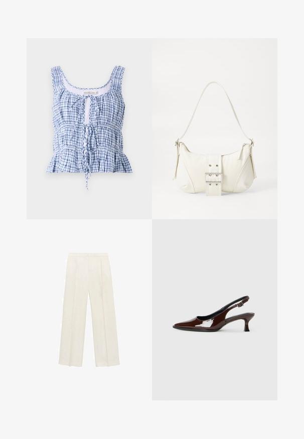 Kratki top u plavo-bijelom kariranom uzorku napravljen od lagane tkanine. Ima zaobljen izrez, podesivu povezu i nabrane teksture.; Hlače širokog kroja u svijetloj krem boji. Izrađene su od glatkog materijala s plisama sprijeda i bočnim džepovima.; Smeđe patentne kožne cipele s otvorenom petom, špicastim vrhom i umjerenom petom. Imaju remen s kopčom za sigurno pristajanje. Glatka tekstura.; Bijela torbica s teksturiranim završetkom, središnjim detaljem kopče i zakrivljenim oblikom. Rajsferšlusi sa svake strane.