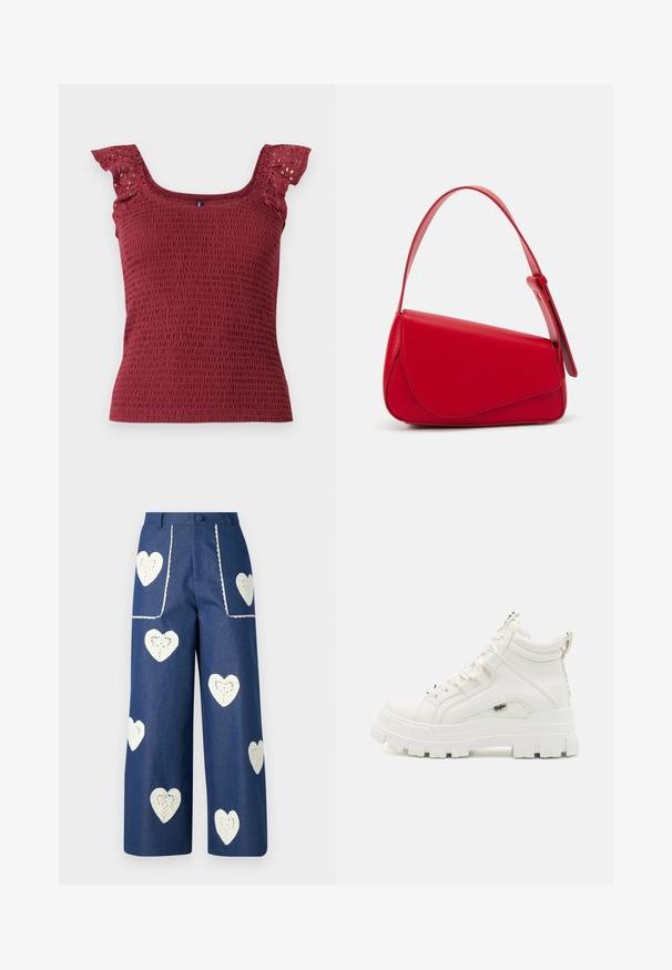 Burgundy, smocked tank top featuring a square neckline and delicate ruffled sleeves with eyelet cutouts. Soft, textured fabric.; Sister Jane HEART TO HEART - Straight leg jeans - blue denim; White ankle-high sneakers with a textured finish, thick rubber sole, and padded collar. Features lace-up design and a logo accent.; Red leather handbag with an angular, geometric design. Features a single adjustable strap and a flap closure with stitched detailing.