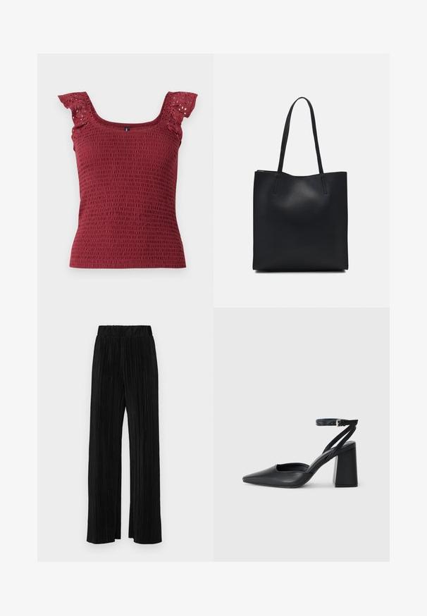 Burgundia, smockitud top, millel on ruudukujuline kaelus ja õrnad volangvarrukad, millel on aukudega lõiked. Pehme, tekstuuriga kangas.; Mustad pleekitud püksid elastse vöökohtaga. Omavad laiad jalad ja sujuvat, tekstureeritud kangast vertikaalsete triipudega.; Mustmustest must-käigukingad, millel on konksuga nöör ja paks konts. Ühtlane tekstuur, stiilne disain ja minimalistlik esteetika.; Mustast nahast kott sujuva tekstuuriga, ristkülikukujuline ja kahe pika sangaga. Pole nähtavat riistvara ega kaunistusi.