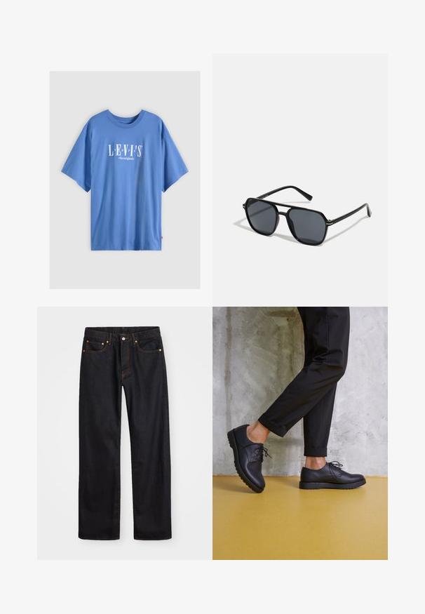 Ανοιχτό μπλε κοντομάνικο μπλουζάκι από βαμβάκι, με το λευκό λογότυπο της Levi's και την ημερομηνία ίδρυσης τυπωμένα στο μπροστινό μέρος. Σχέδιο με κύκλο στον λαιμό.; Ανδρικό τζιν παντελόνι σε ευθεία γραμμή, μαύρου χρώματος, με πέντε τσέπες και πορτοκαλί ραφές, με κουμπί και φερμουάρ στον μπροστινό ιμάντα.; Μαύρα δερμάτινα παπούτσια με κορδόνια και στρογγυλή μύτη, υφασμάτινη επιφάνεια και παχύ ελαστικό πάτο. Φορεμένα με ριγμένες μαύρες παντελόνες σε έναν τσιμεντένιο φόντο.; Μαύρα γυαλιά ηλίου με οκταγωνικό σκελετό, σκούρους φακούς, γυαλιστερή φινίρισμα, λεπτά άκρα και χρυσές λεπτομέρειες μπροστά.