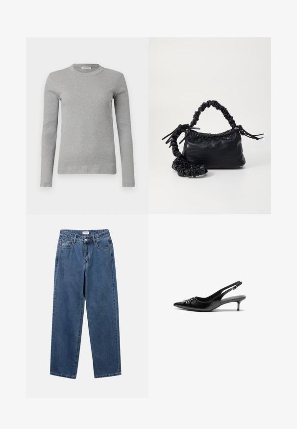 Grauer Langarmpullover aus Rippstoff, mit Rundhalsausschnitt und figurnahem Schnitt. Einfaches Design, keine sichtbaren Muster oder Akzente.; Klassische blaue Denim-Jeans mit geradem Bein, fünf Taschen und Knopfverschluss. Sie verfügen über eine mittelblau gewaschene Optik und sind aus robuster Textur.; Schwarze Leder-Slingback-Absätze mit einer spitzen Zehenform, kleinen Kitten-Absätzen und einem dekorativen Knoten-Detail auf der Vorderseite. Glatte Textur über die gesamte Fläche.; Schwarze Handtasche aus Kunstleder mit Krokodilstruktur, gerafftem oberen Teil und einem geschoppten Tragegurt. Sie wirkt weich und kompakt im Design.