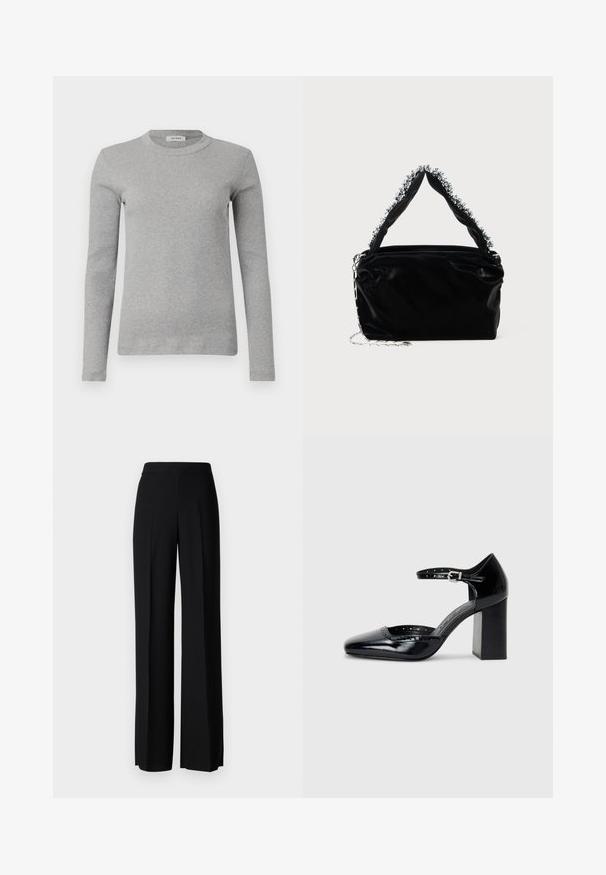 Grauer Langarmpullover aus Rippstoff, mit Rundhalsausschnitt und figurnahem Schnitt. Einfaches Design, keine sichtbaren Muster oder Akzente.; Schwarze weite Hosen mit einer glatten Textur, ausgestattet mit einem hohen Bund und mittleren Falten. Keine sichtbaren Muster oder Hardware-Details.; Schwarze patentierte Leder-High Heels mit quadratischer Zehenform, Knöchelriemchen und dicker Absatz. Enthält durchbrochene Details entlang des Randes.; Schwarze Handtasche aus Kunstleder mit strukturiertem Finish, ausgestattet mit einem mit Perlen verzierten silbernen Akzent am oberen Griff und einem Kettenriemen.