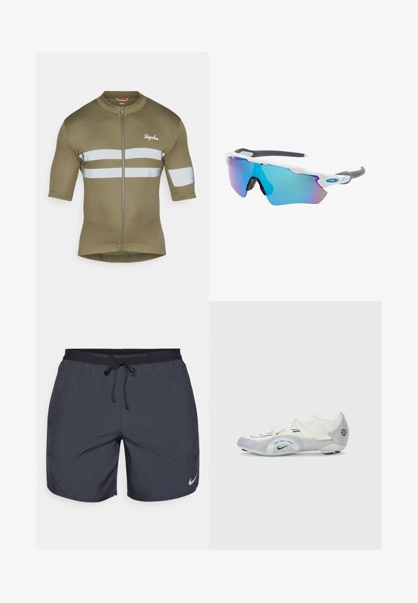 Jersey do jazdy na rowerze w oliwkowym kolorze, z krótkimi rękawami, z zamek błyskawicznym z przodu oraz dwoma poziomymi odblaskowymi paskami. Wykonany z miękkiego, lekkiego materiału.; Krótki spodenki do biegania Nike w ciemnoszarym kolorze, z elastycznym pasem w talii i sznurkiem ściągającym oraz srebrnym akcentem logo na dolnej części prawej nogawki.; Białe i srebrne buty rowerowe z siateczkową cholewką, teksturowanymi akcentami, regulowanymi paskami oraz gumową podeszwą zapewniającą przyczepność i stabilność.; Okulary przeciwsłoneczne z białą oprawą, szarymi akcentami i niebieskimi lustrzanymi soczewkami. Sportowy design, kształt otaczający, z regulowanymi noskami.